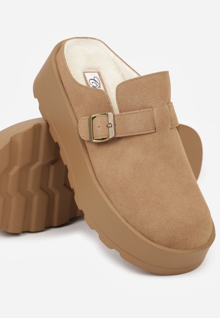 Beżowe Niskie Śniegowce na Grubej Podeszwie Zdobione Sprzączką Vetiare