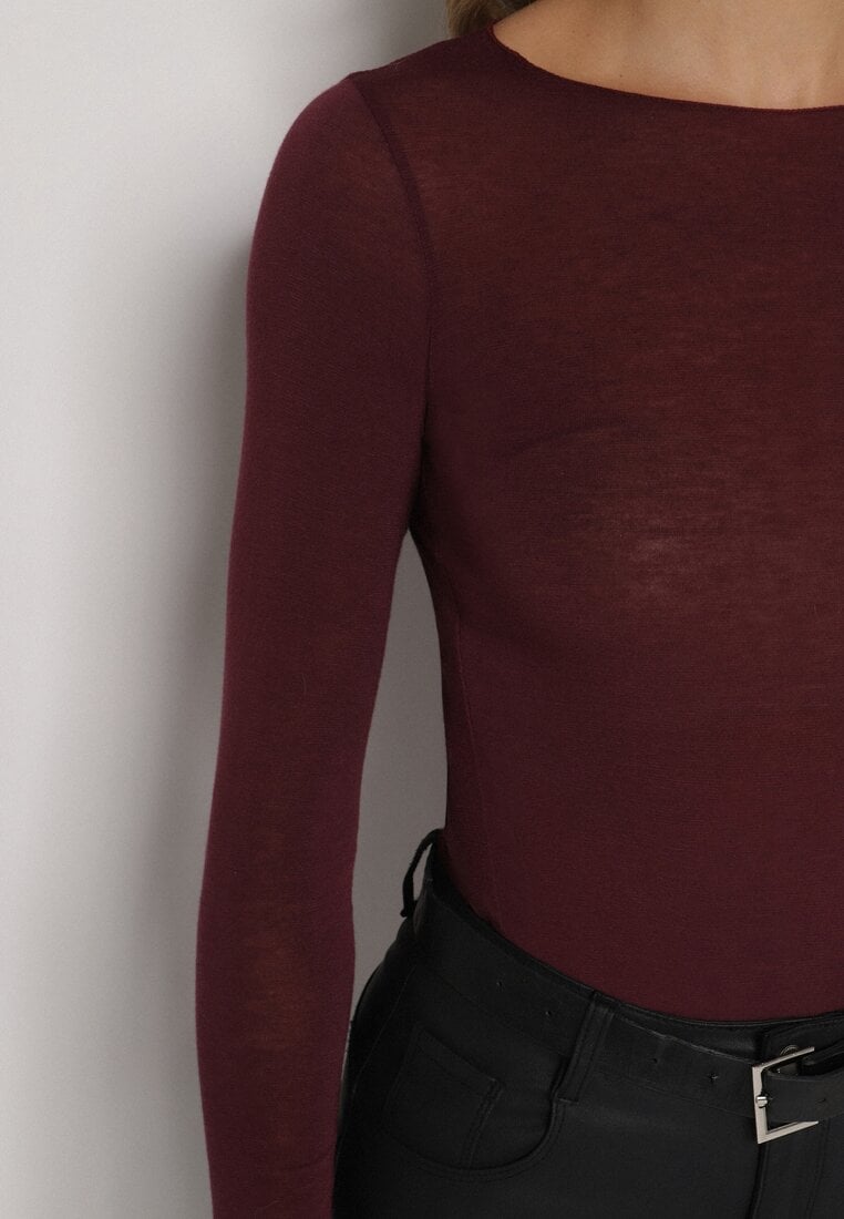 Bordowa Wiskozowa Bluzka z Długim Rękawem z Dodatkiem Kaszmiru Uninda