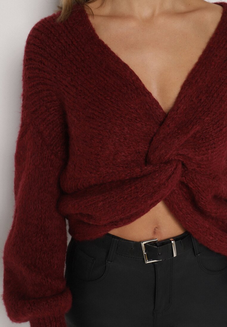 Bordowy Sweter Oversize z Domieszką Wełny z Oryginalnym Dekoltem Lawedia