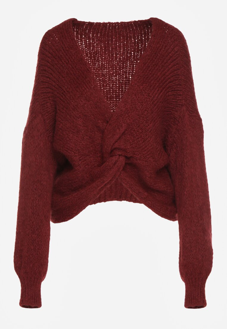 Bordowy Sweter Oversize z Domieszką Wełny z Oryginalnym Dekoltem Lawedia