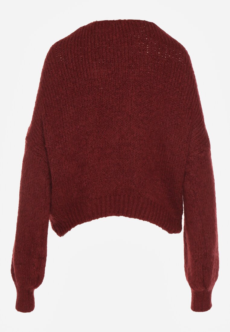 Bordowy Sweter Oversize z Domieszką Wełny z Oryginalnym Dekoltem Lawedia