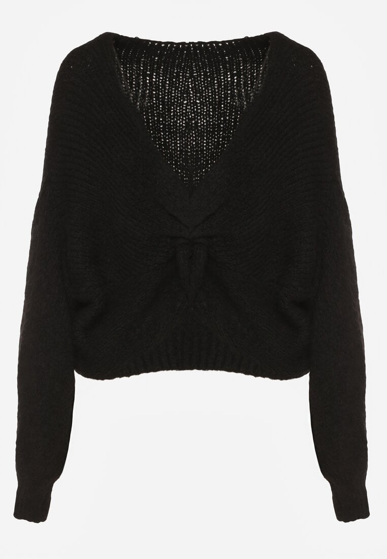 Czarny Sweter Oversize z Domieszką Wełny z Oryginalnym Dekoltem Lawedia