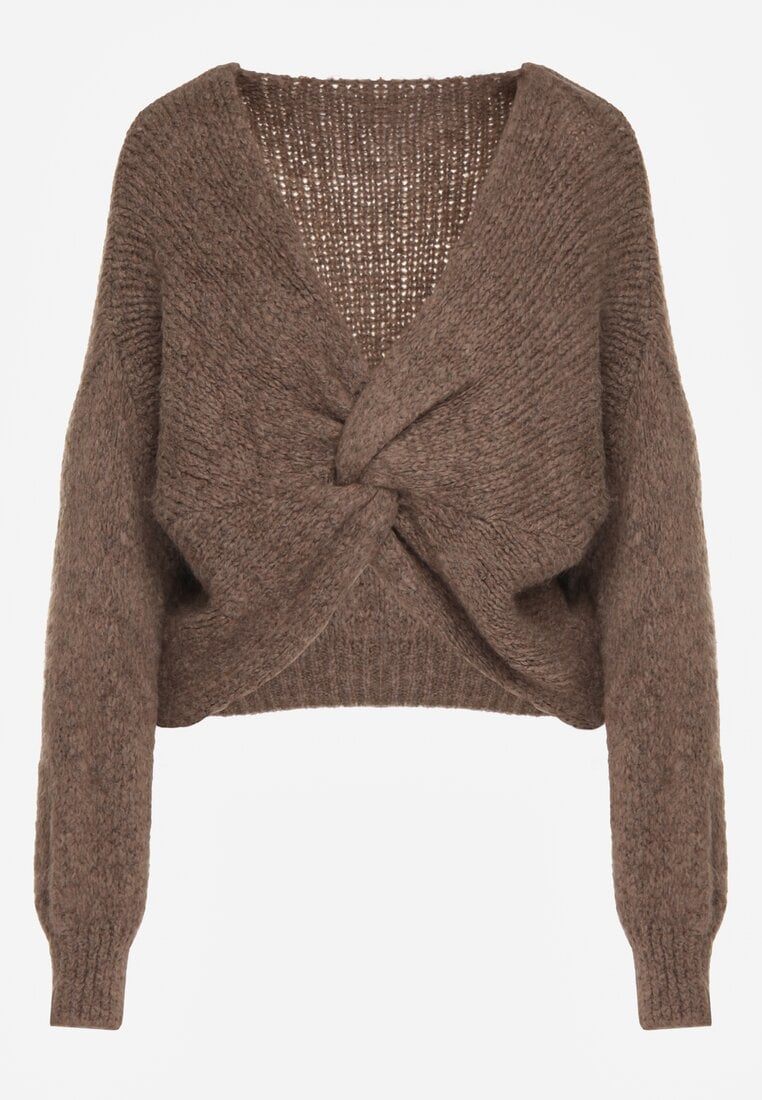 Jasnobrązowy Sweter Oversize z Domieszką Wełny z Oryginalnym Dekoltem Lawedia