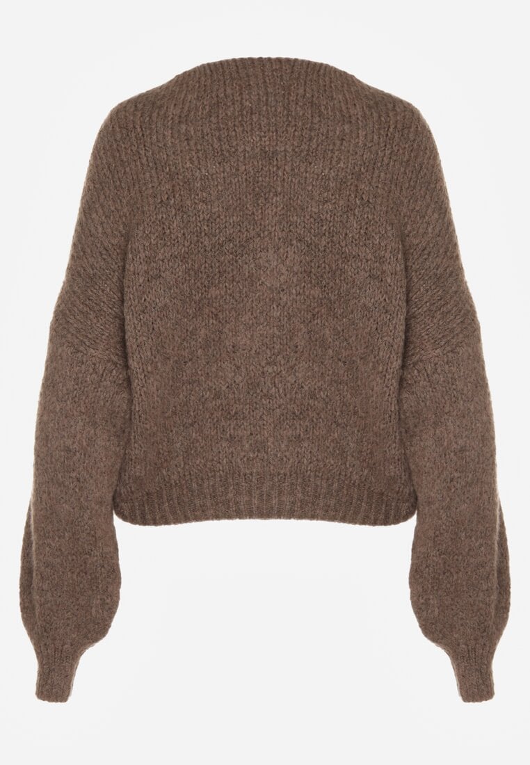 Jasnobrązowy Sweter Oversize z Domieszką Wełny z Oryginalnym Dekoltem Lawedia