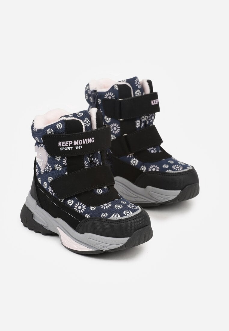 Granatowe Śniegowce w Kwiatki z Sercem i Napisem Alwedina