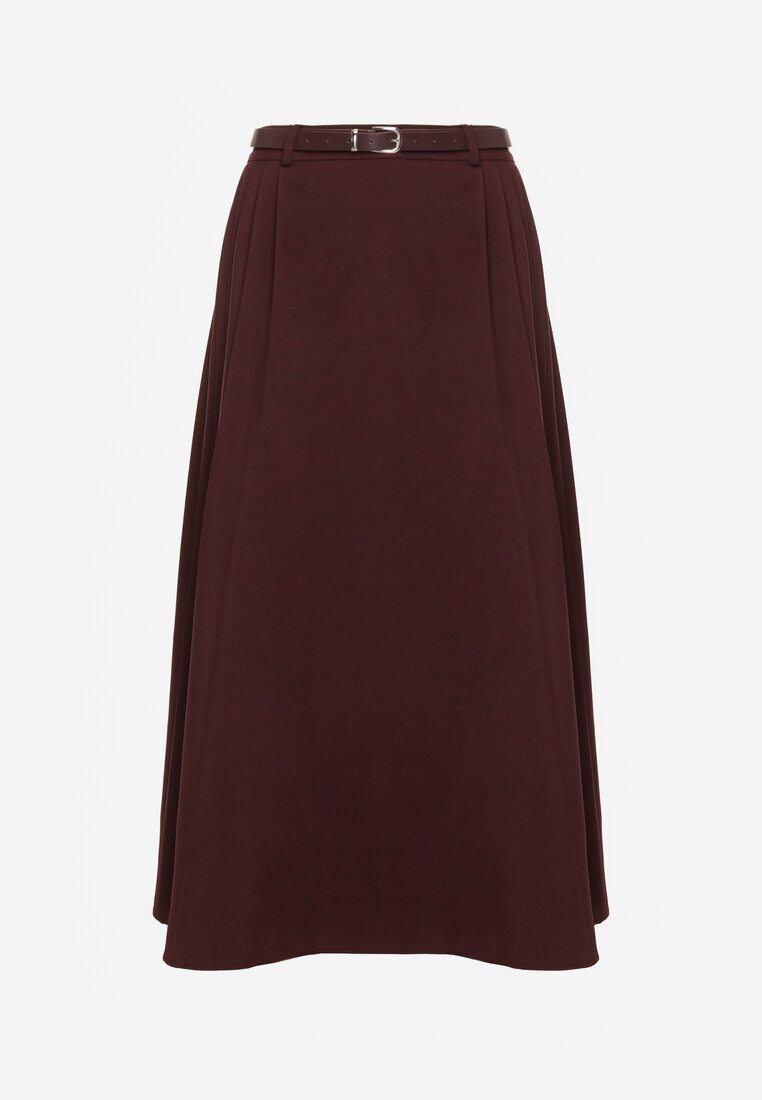 Bordowa Wiskozowa Spódnica o Rozkloszowanym Kroju z Paskiem z Klamrą Lawedisa