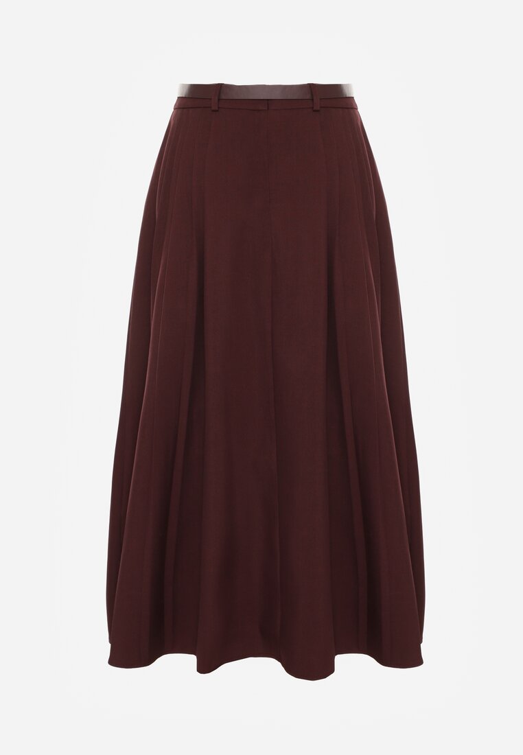Bordowa Wiskozowa Spódnica o Rozkloszowanym Kroju z Paskiem z Klamrą Lawedisa