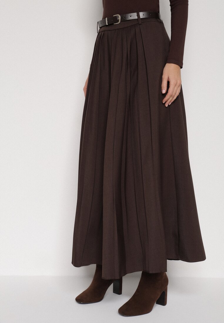 Brązowa Wiskozowa Spódnica o Rozkloszowanym Kroju z Paskiem z Klamrą Lawedisa