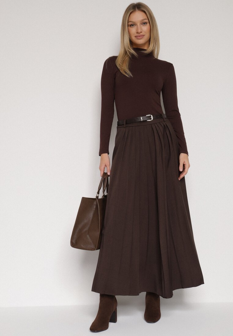 Brązowa Wiskozowa Spódnica o Rozkloszowanym Kroju z Paskiem z Klamrą Lawedisa