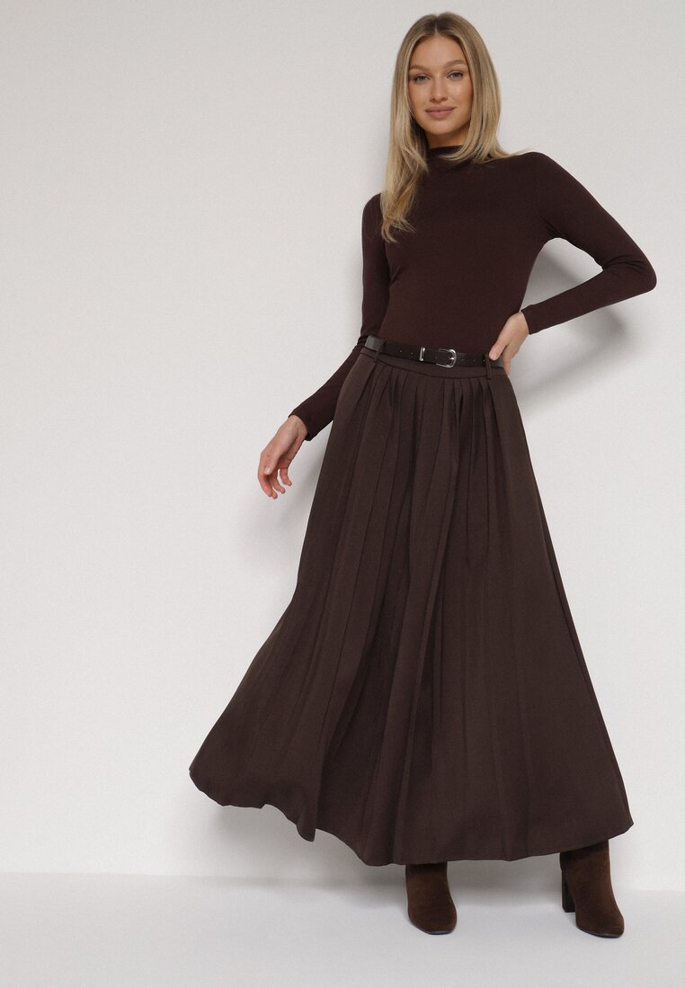 Brązowa Wiskozowa Spódnica o Rozkloszowanym Kroju z Paskiem z Klamrą Lawedisa