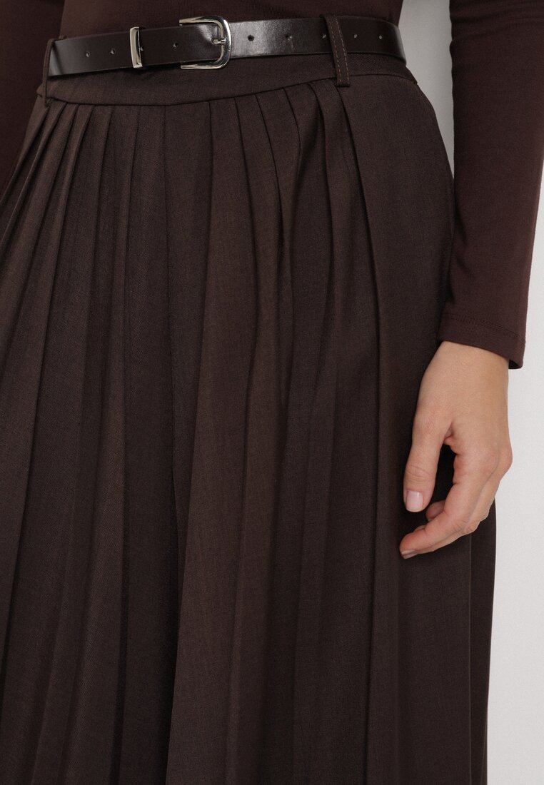 Brązowa Wiskozowa Spódnica o Rozkloszowanym Kroju z Paskiem z Klamrą Lawedisa