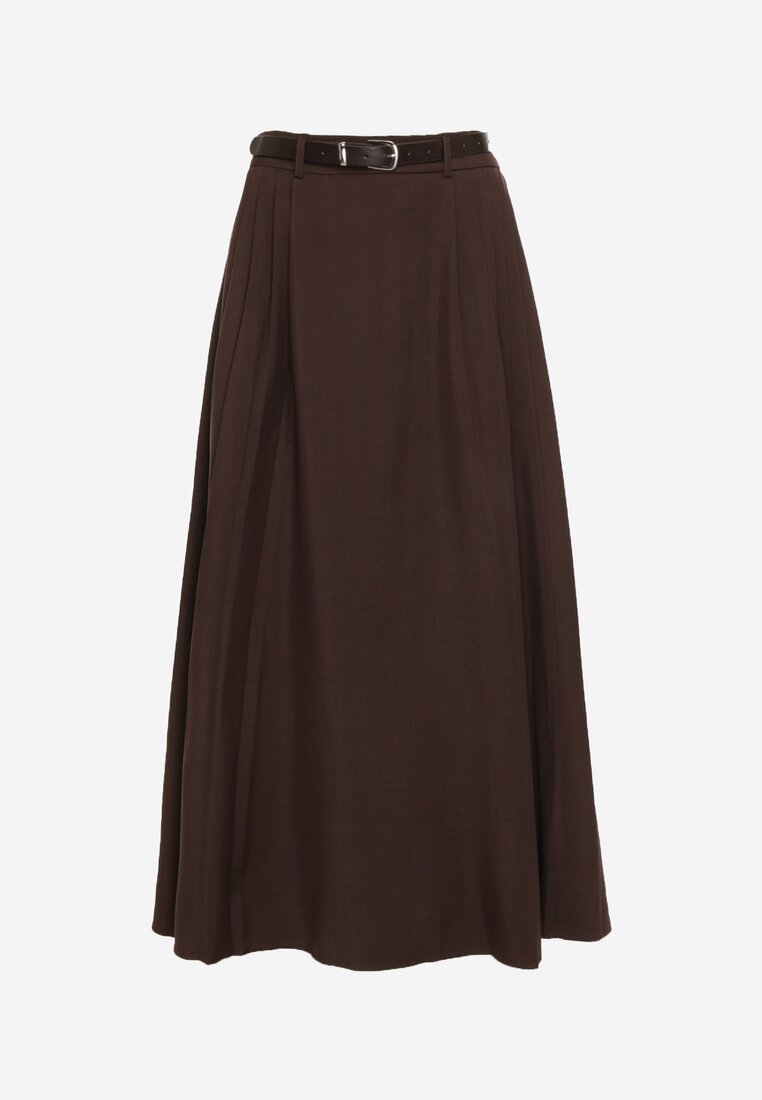 Brązowa Wiskozowa Spódnica o Rozkloszowanym Kroju z Paskiem z Klamrą Lawedisa