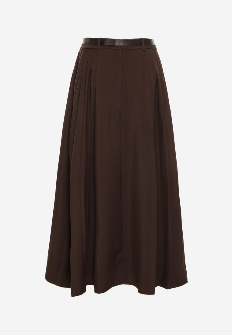 Brązowa Wiskozowa Spódnica o Rozkloszowanym Kroju z Paskiem z Klamrą Lawedisa