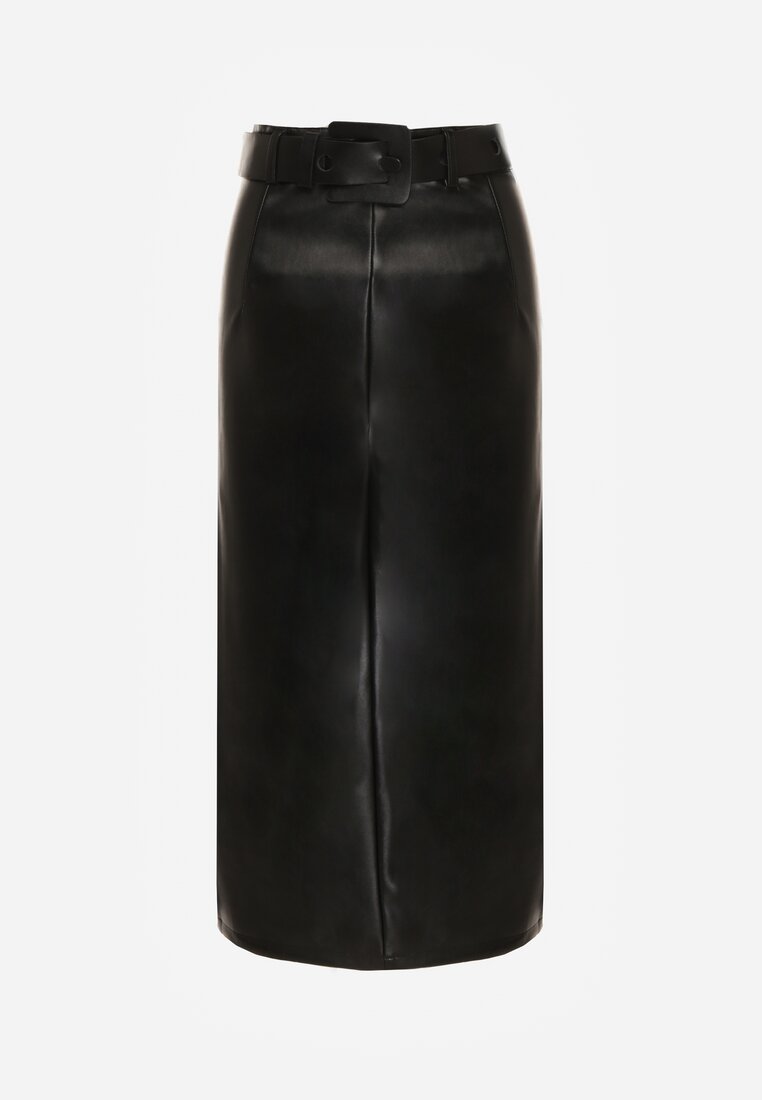 Czarna Spódnica Ołówkowa z Imitacji Skóry z Paskiem z Dużą Klamrą Rewedia