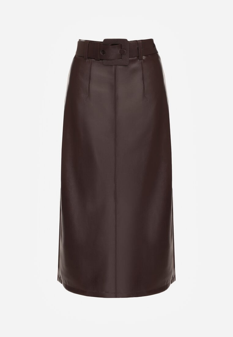 Bordowa Spódnica Ołówkowa z Imitacji Skóry z Paskiem z Dużą Klamrą Rewedia