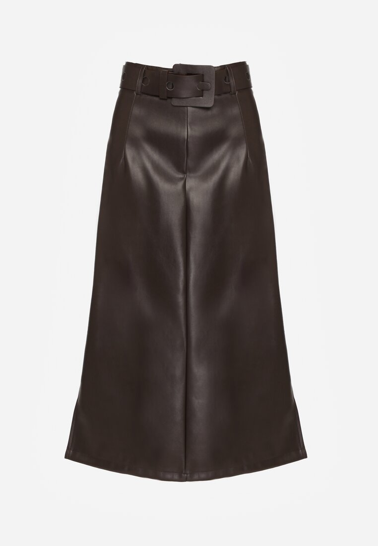 Brązowa Spódnica Ołówkowa z Imitacji Skóry z Paskiem z Dużą Klamrą Rewedia