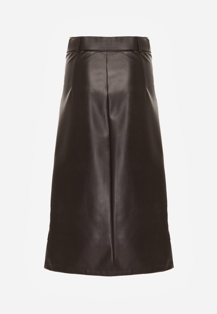 Brązowa Spódnica Ołówkowa z Imitacji Skóry z Paskiem z Dużą Klamrą Rewedia