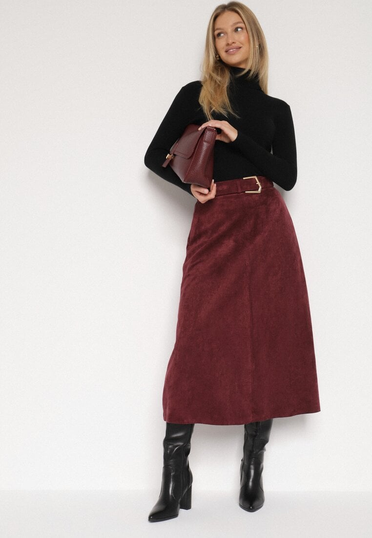 Bordowa Rozkloszowana Wiskozowa Spódnica z Bawełną Ozdobiona Paskiem Nawedea