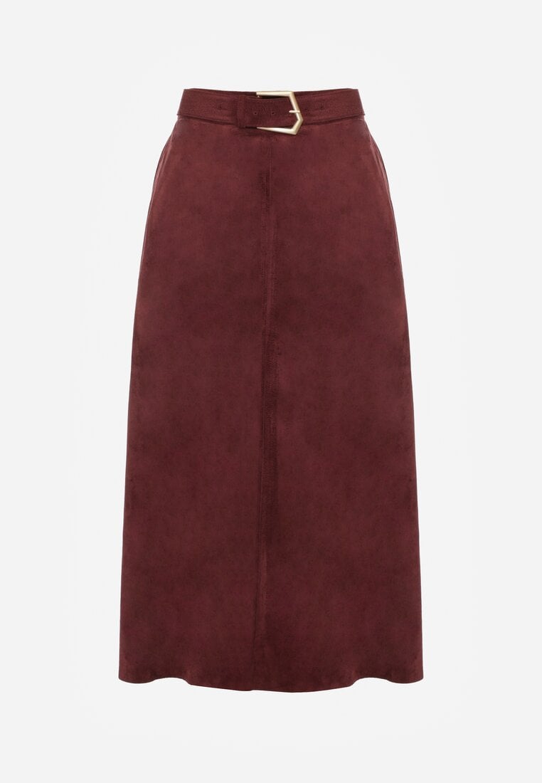 Bordowa Rozkloszowana Wiskozowa Spódnica z Bawełną Ozdobiona Paskiem Nawedea