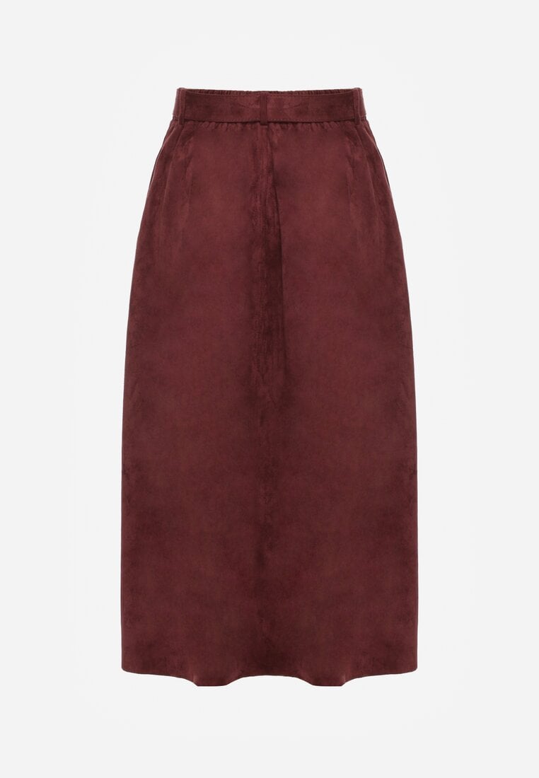 Bordowa Rozkloszowana Wiskozowa Spódnica z Bawełną Ozdobiona Paskiem Nawedea