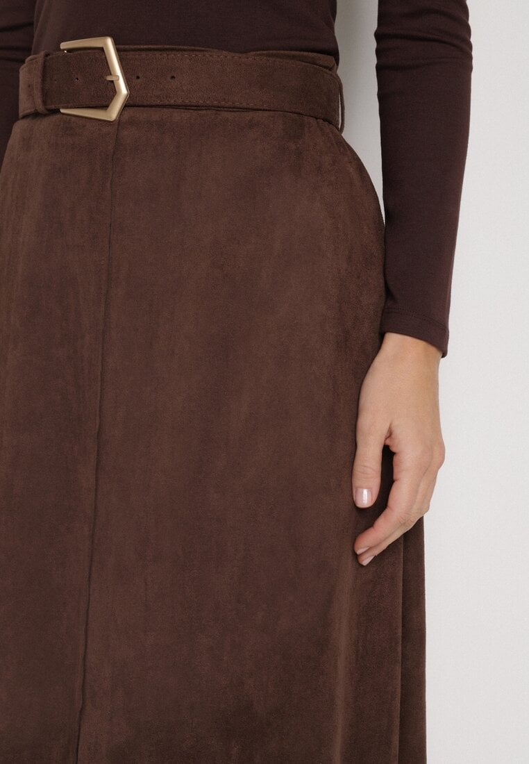 Brązowa Rozkloszowana Wiskozowa Spódnica z Bawełną Ozdobiona Paskiem Nawedea
