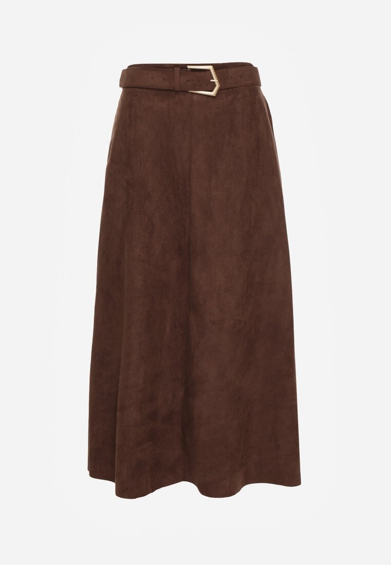 Brązowa Rozkloszowana Wiskozowa Spódnica z Bawełną Ozdobiona Paskiem Nawedea
