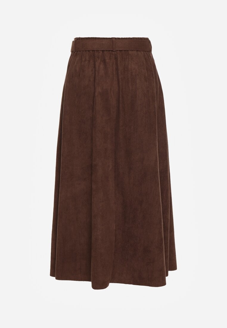 Brązowa Rozkloszowana Wiskozowa Spódnica z Bawełną Ozdobiona Paskiem Nawedea
