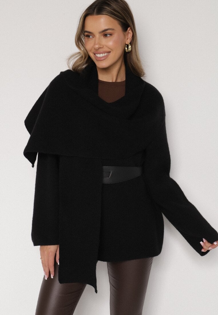 Czarny Wiskozowy Kardigan z Paskiem i Narzutką Rewedisa