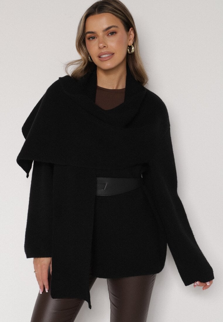 Czarny Wiskozowy Kardigan z Paskiem i Narzutką Rewedisa