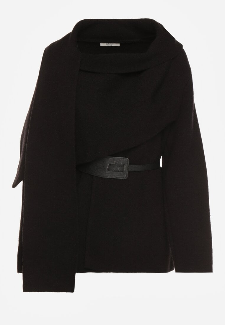 Czarny Wiskozowy Kardigan z Paskiem i Narzutką Rewedisa