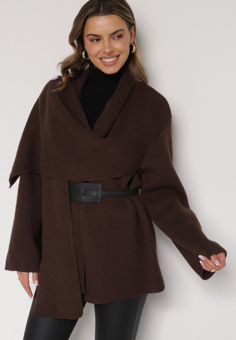 Brązowy Wiskozowy Kardigan z Paskiem i Narzutką Rewedisa