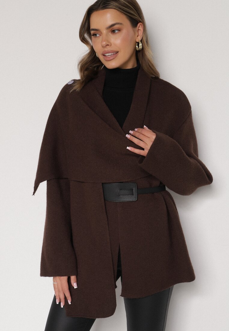 Brązowy Wiskozowy Kardigan z Paskiem i Narzutką Rewedisa
