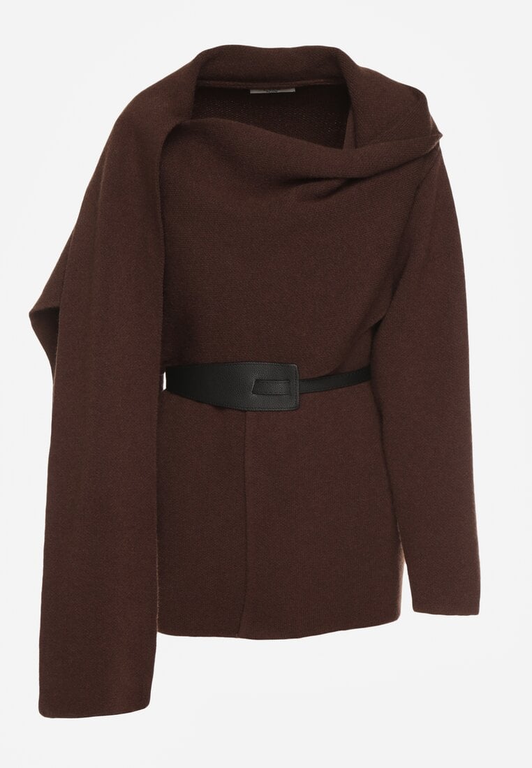 Brązowy Wiskozowy Kardigan z Paskiem i Narzutką Rewedisa