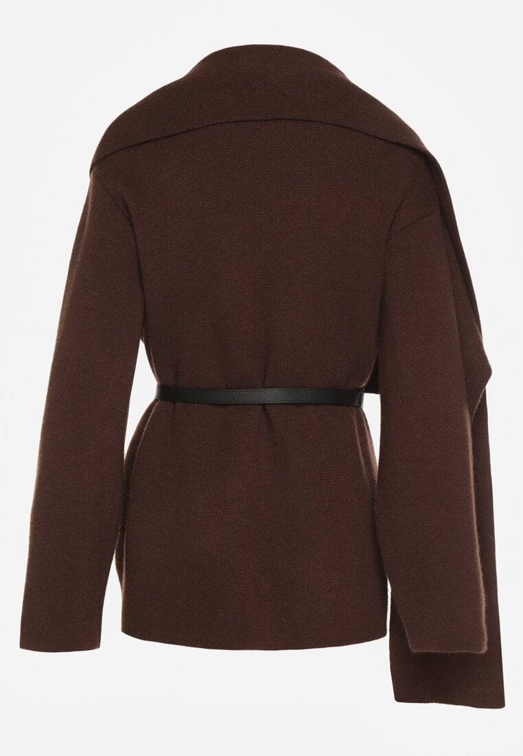 Brązowy Wiskozowy Kardigan z Paskiem i Narzutką Rewedisa