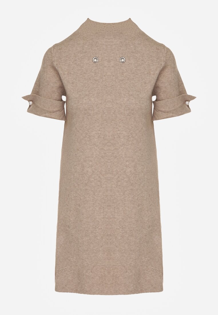 Beżowa Sweterkowa Sukienka Trapezowa Ozdobiona Aplikacjami i Perełkami Iletusa