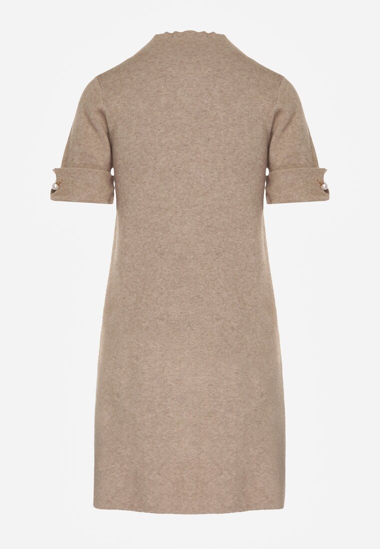 Beżowa Sweterkowa Sukienka Trapezowa Ozdobiona Aplikacjami i Perełkami Iletusa