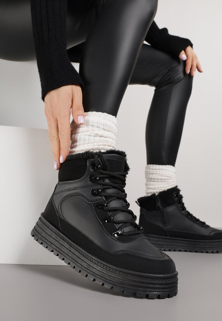 Czarne Sneakersy na Grubej Podeszwie z Futerkiem Alweda