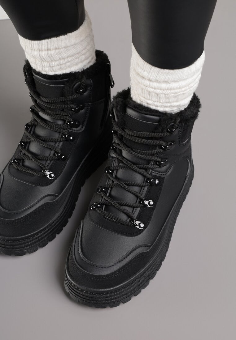 Czarne Sneakersy na Grubej Podeszwie z Futerkiem Alweda