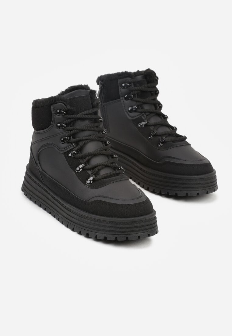 Czarne Sneakersy na Grubej Podeszwie z Futerkiem Alweda