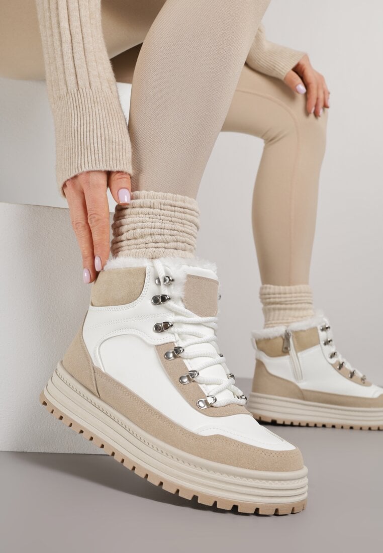 Białe Sneakersy na Grubej Podeszwie z Futerkiem Alweda