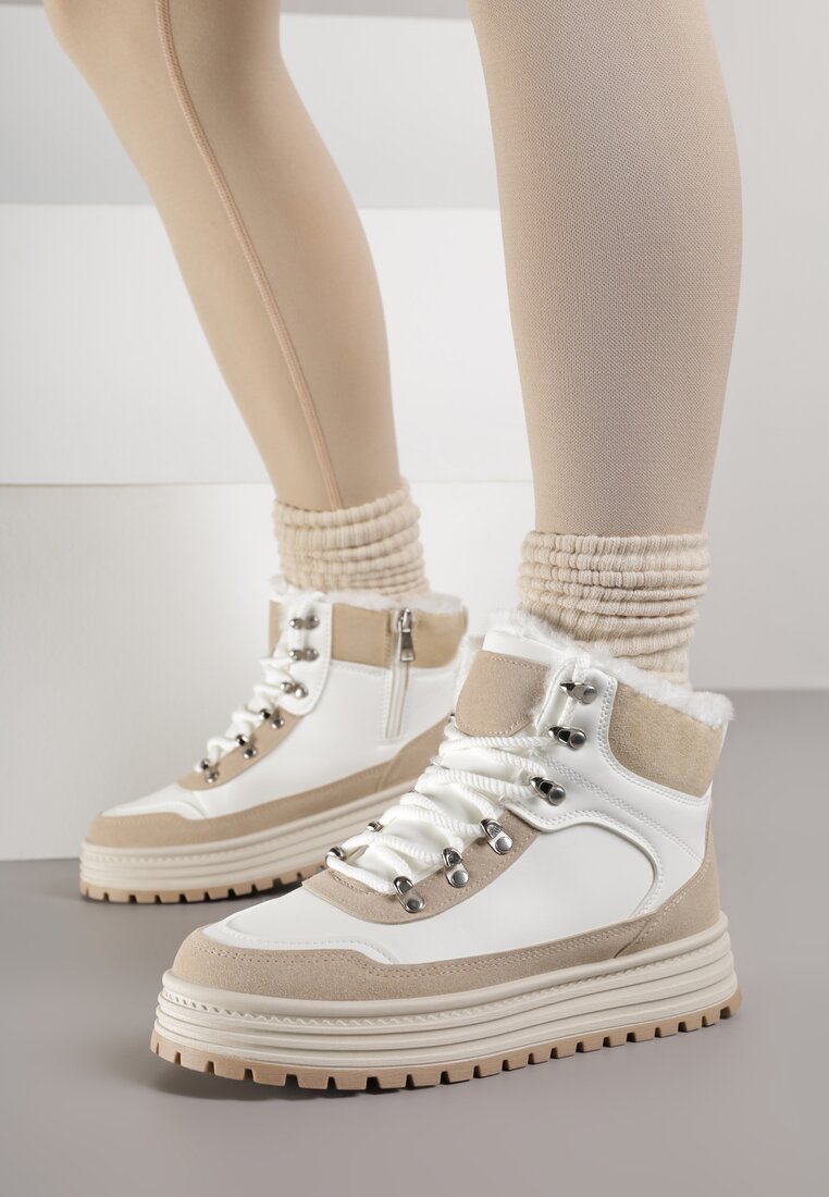 Białe Sneakersy na Grubej Podeszwie z Futerkiem Alweda