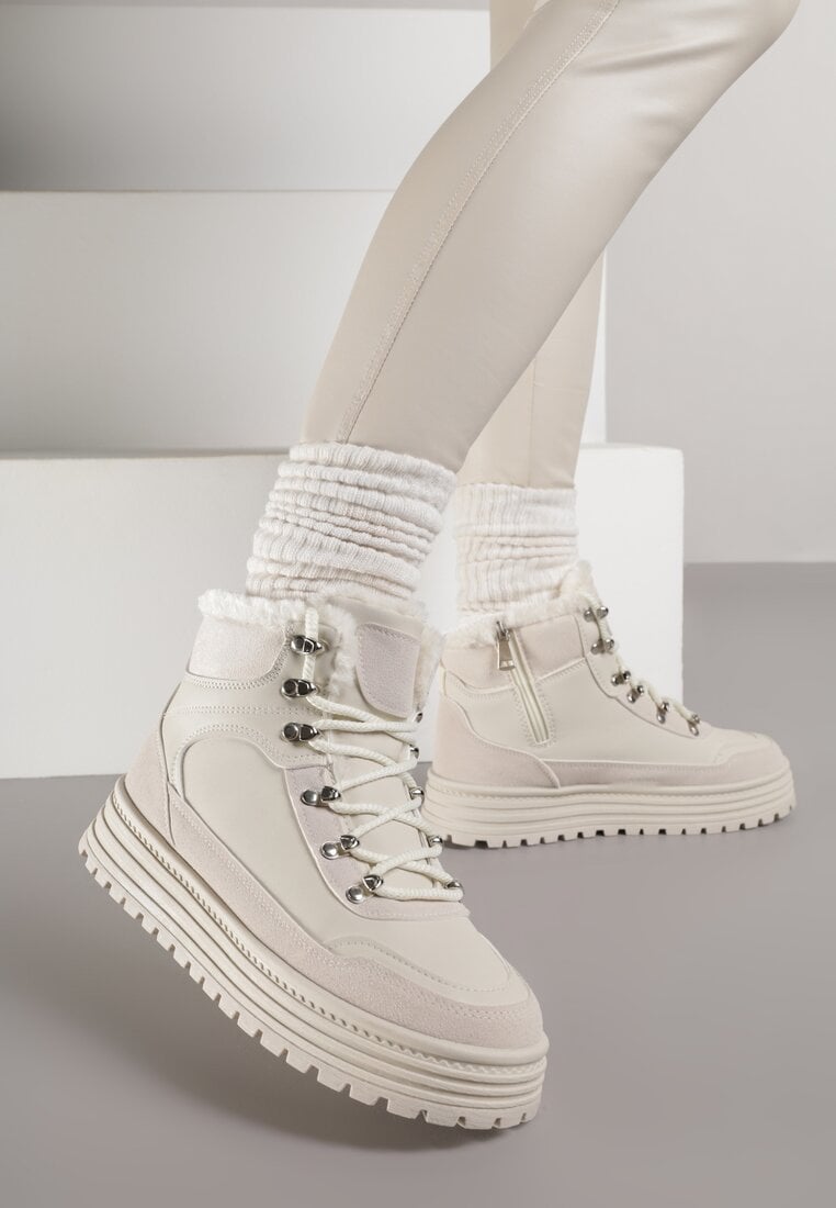 Beżowe Sneakersy na Grubej Podeszwie z Futerkiem Alweda