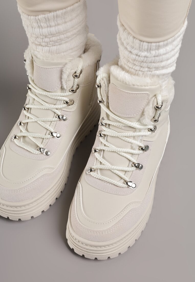 Beżowe Sneakersy na Grubej Podeszwie z Futerkiem Alweda