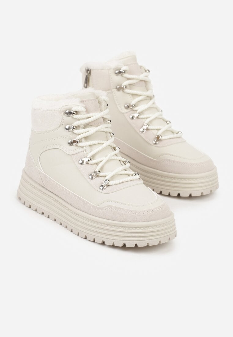 Beżowe Sneakersy na Grubej Podeszwie z Futerkiem Alweda