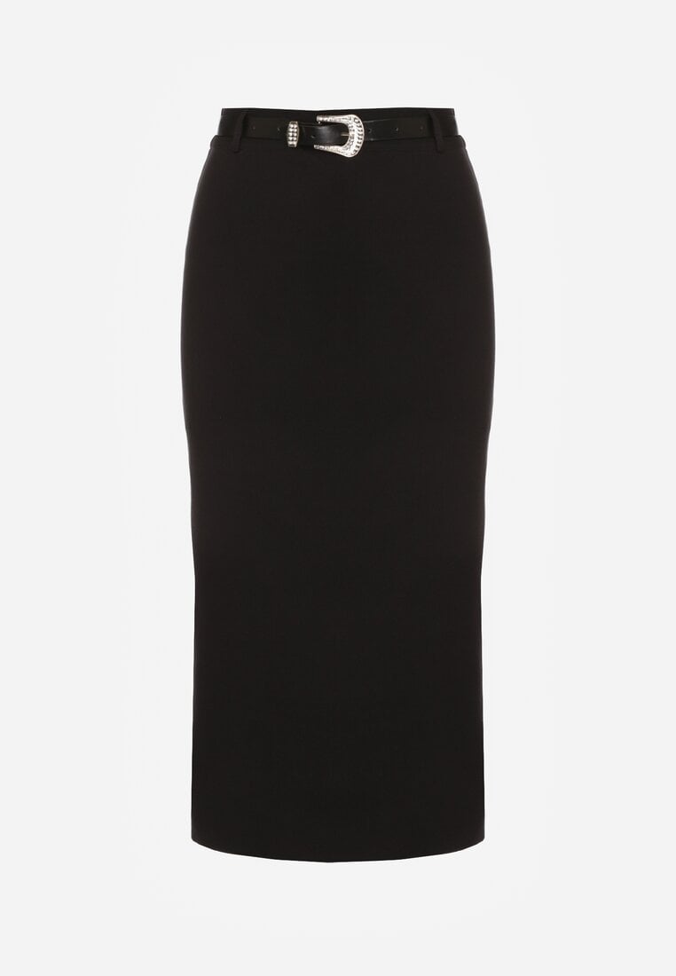 Czarna Ołówkowa Spódnica z Wiskozą Zdobiona Rozcięciem i Paskiem Rowedela