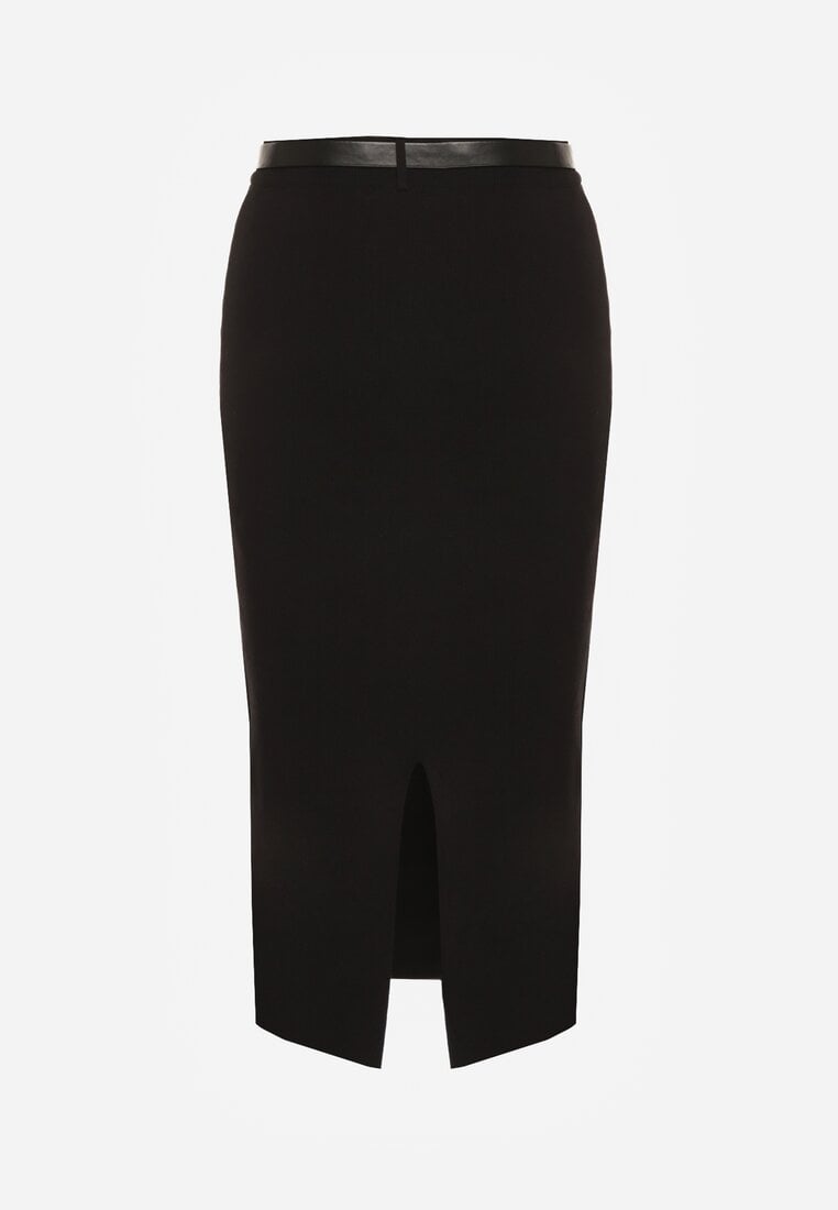 Czarna Ołówkowa Spódnica z Wiskozą Zdobiona Rozcięciem i Paskiem Rowedela