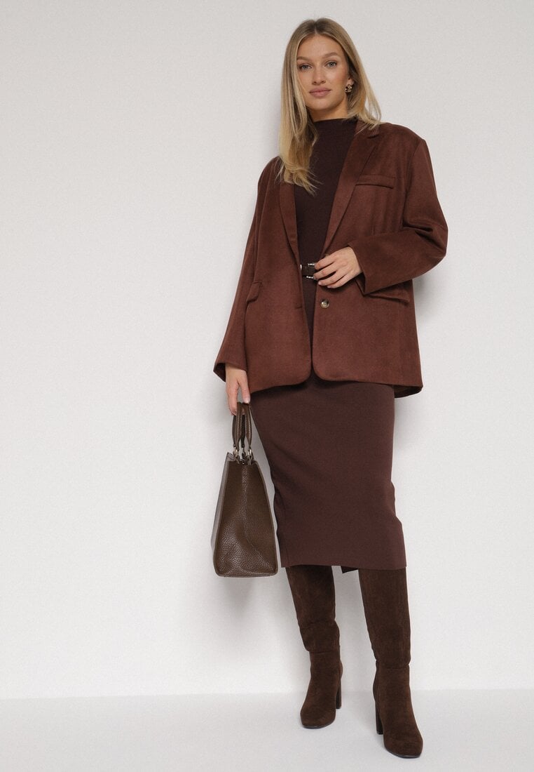 Brązowa Ołówkowa Spódnica z Wiskozą Zdobiona Rozcięciem i Paskiem Rowedela