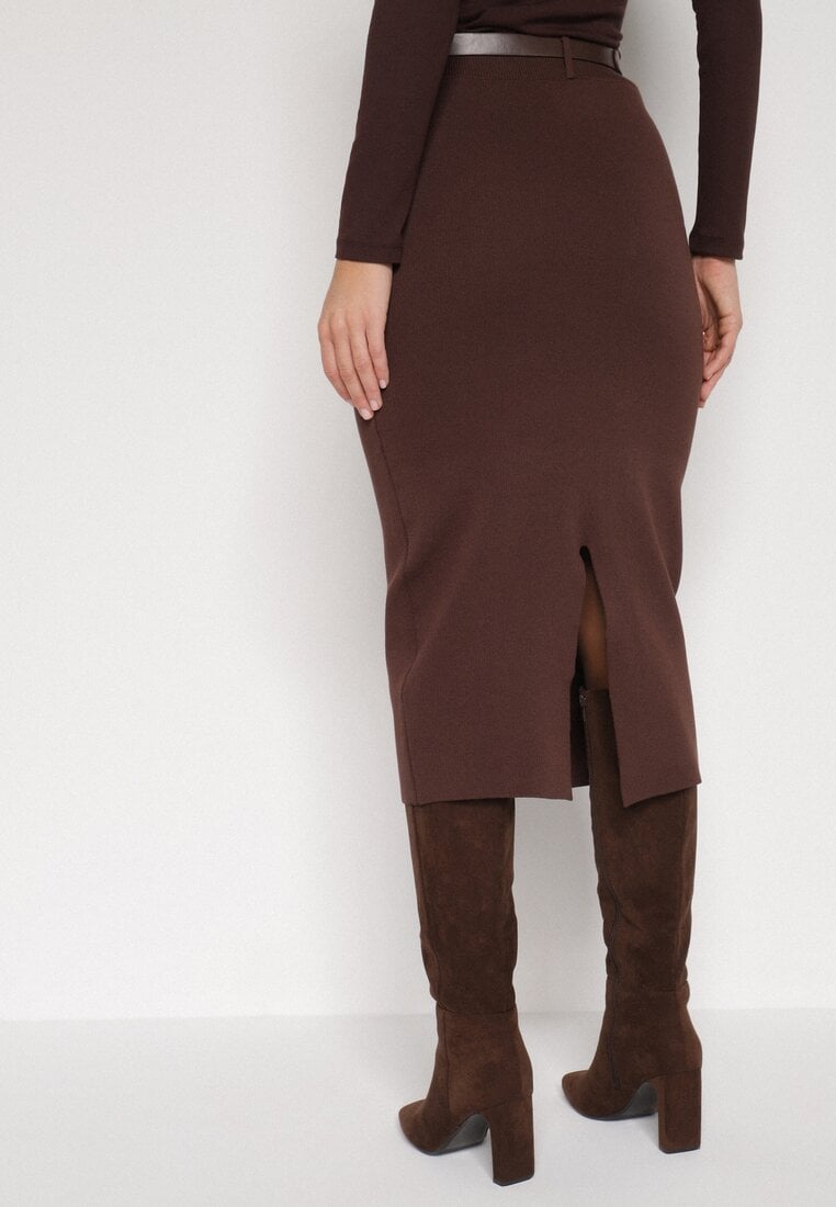 Brązowa Ołówkowa Spódnica z Wiskozą Zdobiona Rozcięciem i Paskiem Rowedela
