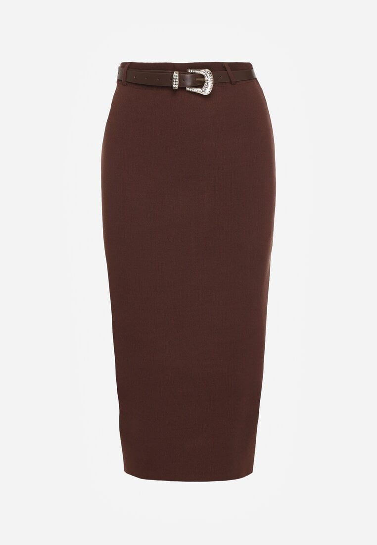 Brązowa Ołówkowa Spódnica z Wiskozą Zdobiona Rozcięciem i Paskiem Rowedela