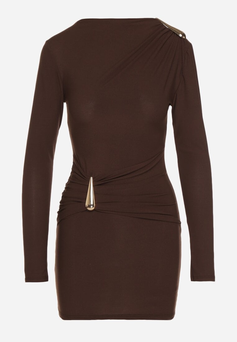Brązowa Dopasowana Sukienka Ozdobiona Metalicznymi Aplikacjami Vetimala